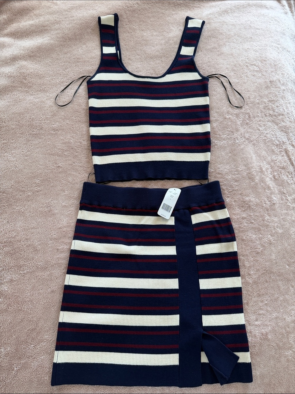Bebe Striped Knit Ribbed Two-Piece Tank & Skirt Set in Navy, Cream & Burgundy